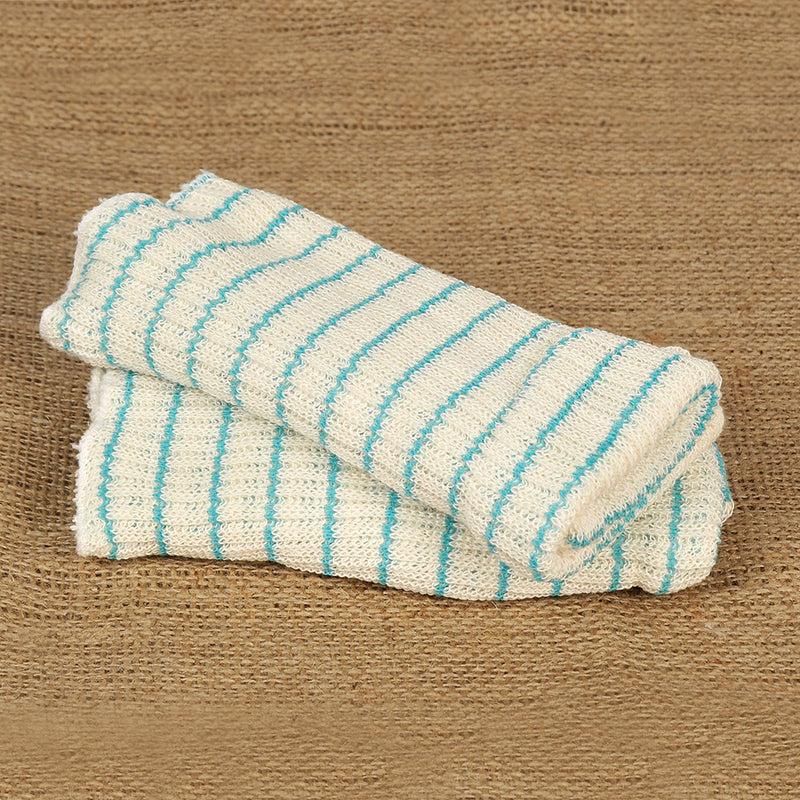 Pair of thick, double-layer dishcloths with aqua stripes, handcrafted in the USA from a poly-cotton blend, ideal for Kitchen & Food, Kitchen Textiles, and USA Made collections.