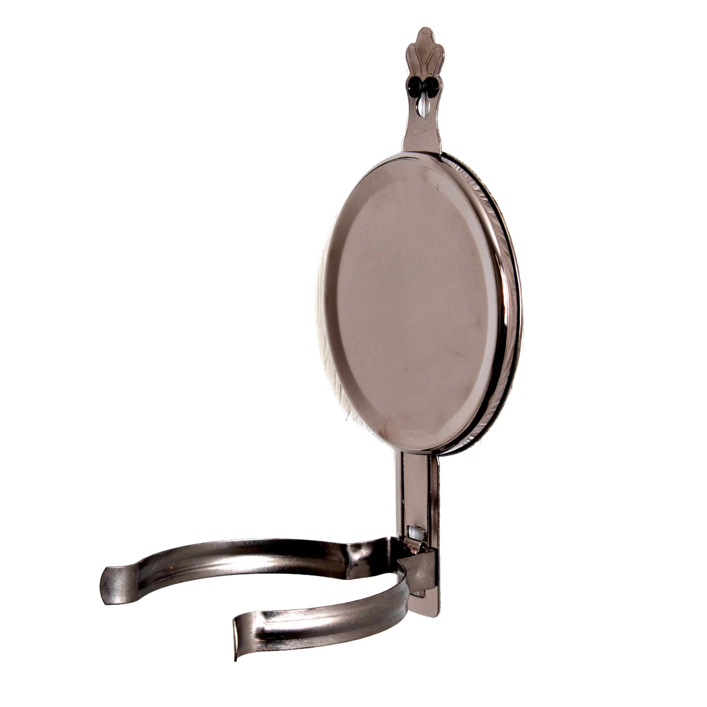 Handcrafted painted pewter-like wall bracket with round removable reflector designed to hold an oil lamp, featured in Lamps & Lighting, Oil Lamps, and Wall Lamps collections.