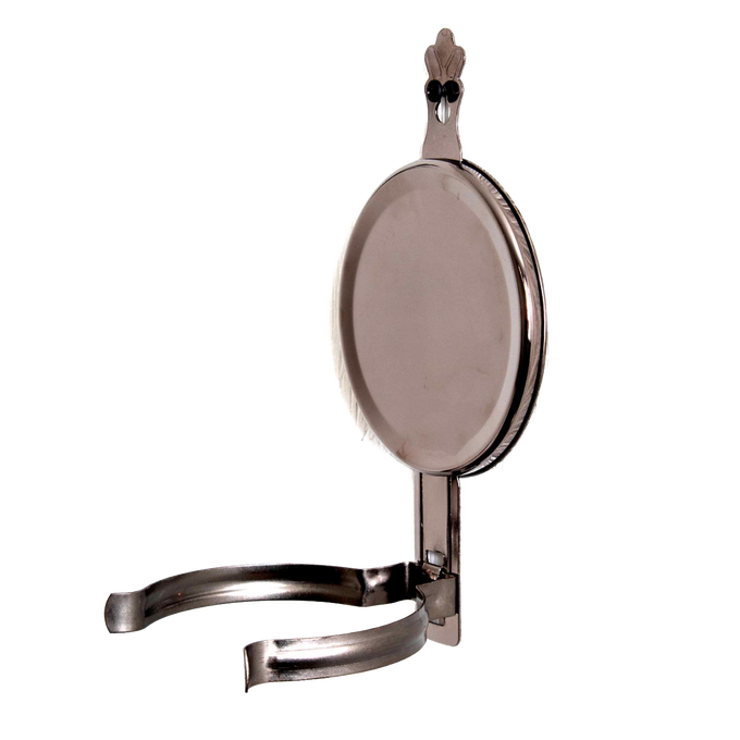 Handcrafted painted pewter-like wall bracket with round removable reflector designed to hold an oil lamp, featured in Lamps & Lighting, Oil Lamps, and Wall Lamps collections.