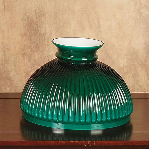 Glossy green ribbed glass oil lamp shade with a wide flared top and textured dome shape, designed to add warm ambiance and rustic charm to lamps in Farm, Garden & Tool and Homesteading collections.