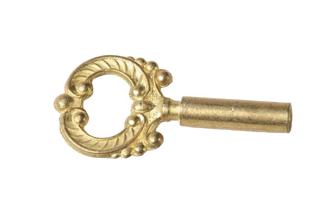 Brass-plated, lacquered key with ornate die-cast design, suitable for electric lamp parts and accessories, featured in Lamps & Lighting and Electric Conversion collections.