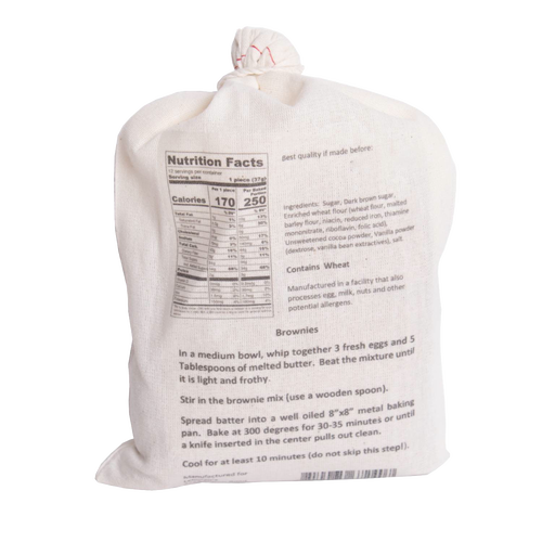 Natural cotton bag filled with Lehman's Brownie Mix featuring printed nutrition facts, ingredients, and baking instructions, part of Kitchen & Food, Food, Pantry, and USA Made collections.