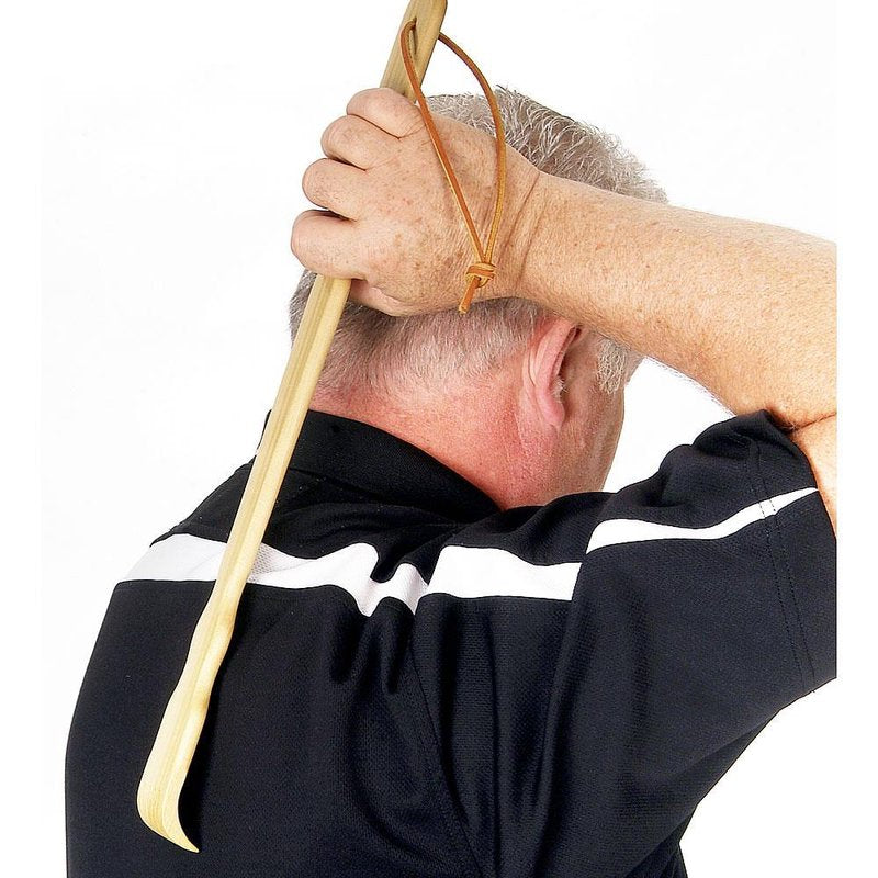 Handcrafted poplar wood backscratcher with a curved end and sturdy handle, designed for Health & Wellness and Grooming and Personal Hygiene, made in the USA.