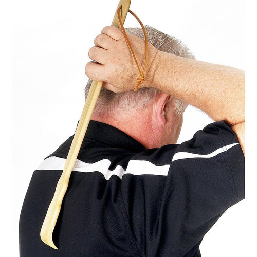 Handcrafted poplar wood backscratcher with a curved end and sturdy handle, designed for Health & Wellness and Grooming and Personal Hygiene, made in the USA.