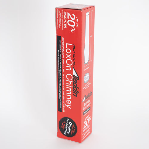 Tall red packaging box for a high output chimney designed to provide up to 20% more brightness, part of Lamps & Lighting, Parts and Accessories, Chimneys and Globes, Best Sellers, and Promo Eligible collections.