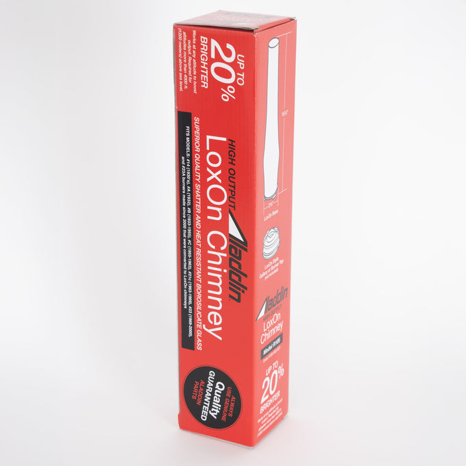 Tall red packaging box for a high output chimney designed to provide up to 20% more brightness, part of Lamps & Lighting, Parts and Accessories, Chimneys and Globes, Best Sellers, and Promo Eligible collections.