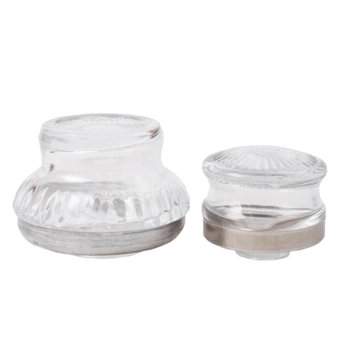 Two clear glass percolator tops in small and large sizes with silver metal bands, designed for brewing coffee, featured in Kitchen & Food, Brewing Coffee and Tea, Best Sellers, and Promo Eligible collections.