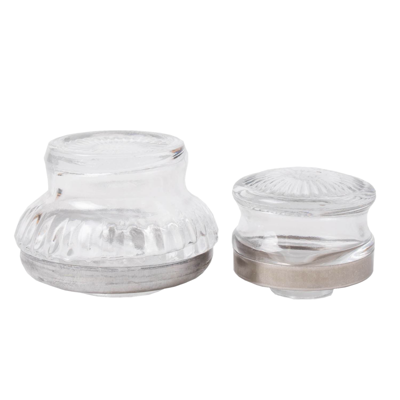 Two clear glass percolator tops in small and large sizes with silver metal bands, designed for brewing coffee, featured in Kitchen & Food, Brewing Coffee and Tea, Best Sellers, and Promo Eligible collections.