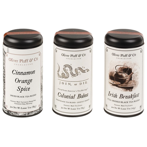 Three handcrafted loose leaf black tea blends in decorative tins including cinnamon orange spice, colonial bohea, and Irish breakfast, made in USA and featured in Kitchen & Food, Food, Beverages, Best Sellers, and Promo Eligible collections.