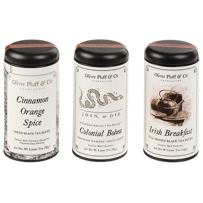 Three handcrafted loose leaf black tea blends in decorative tins including cinnamon orange spice, colonial bohea, and Irish breakfast, made in USA and featured in Kitchen & Food, Food, Beverages, Best Sellers, and Promo Eligible collections.
