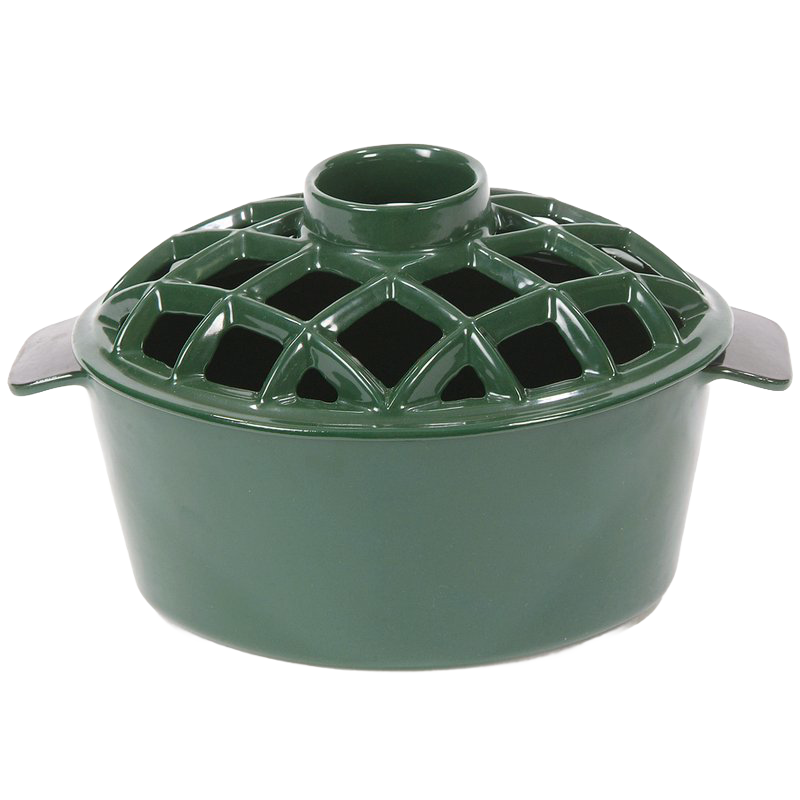 Heavy-duty green porcelain steamer with lattice lid and dual handles, designed to add natural moisture on wood stoves, featured in Stoves, Hearth Accessories, Best Sellers, and Promo Eligible collections.