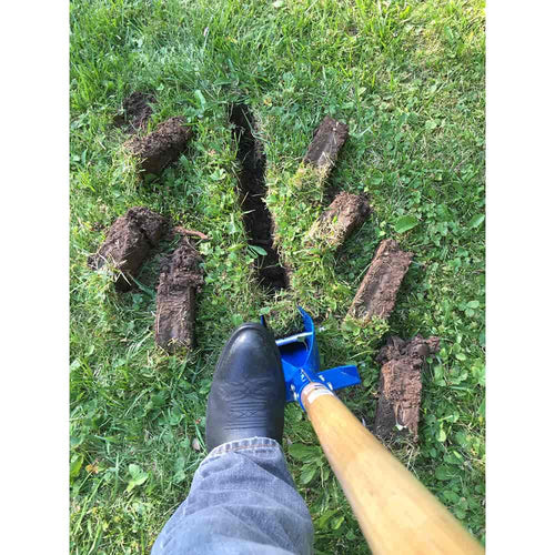 Foot wearing black boot stepping near a narrow trench with clean edges dug in green grass using a blue-handled trenching shovel, displayed in farm and garden tool setting.