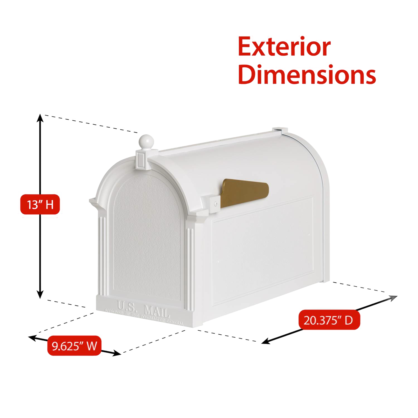 White and gold personalized mailbox with classic curved design and flagged door, highlighting exterior dimensions and durable construction, ideal for Home & Decor and USA Made collections.