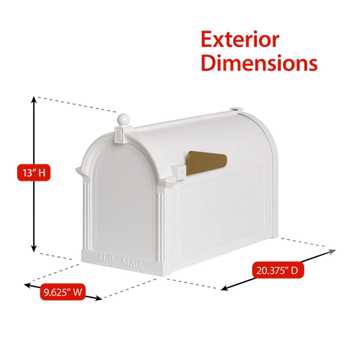 White and gold personalized mailbox with classic curved design and flagged door, highlighting exterior dimensions and durable construction, ideal for Home & Decor and USA Made collections.