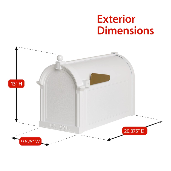 White and gold personalized mailbox with classic curved design and flagged door, highlighting exterior dimensions and durable construction, ideal for Home & Decor and USA Made collections.