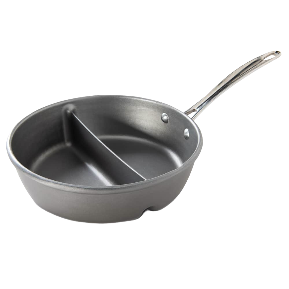 Cast aluminum divided skillet with built-in partition for heating two foods simultaneously, designed for Kitchen & Food, Cookware, Pots and Pans, USA Made, and Best Sellers collections.