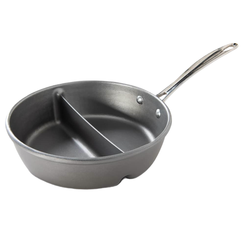Cast aluminum divided skillet with built-in partition for heating two foods simultaneously, designed for Kitchen & Food, Cookware, Pots and Pans, USA Made, and Best Sellers collections.