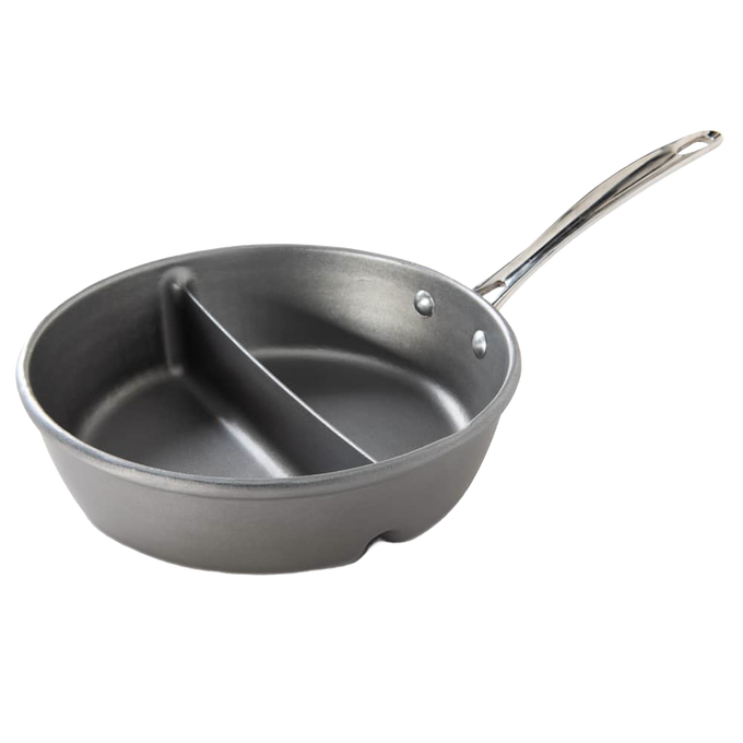Cast aluminum divided skillet with built-in partition for heating two foods simultaneously, designed for Kitchen & Food, Cookware, Pots and Pans, USA Made, and Best Sellers collections.