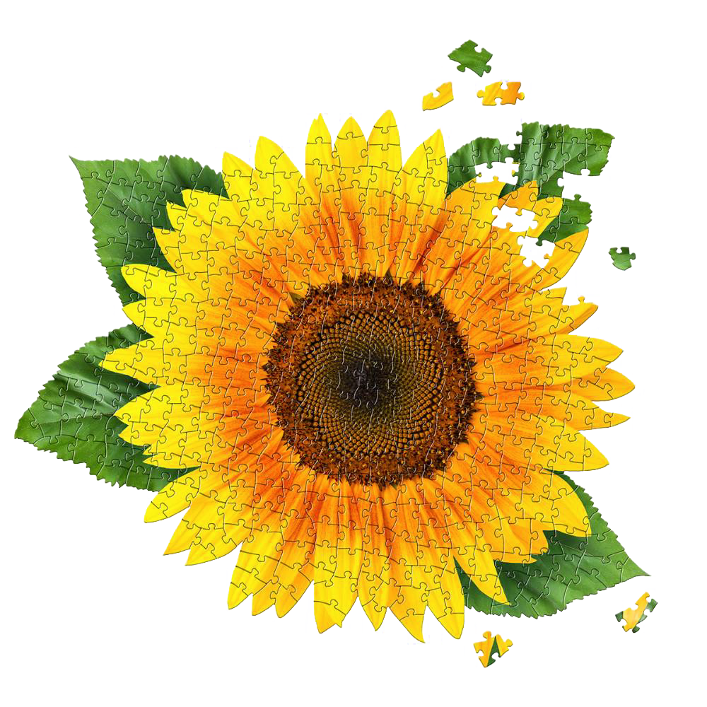 Completed sunflower-shaped jigsaw puzzle with vibrant yellow petals and green leaves, handcrafted from premium chipboard, featured in Toys, Books & Games and Best Sellers collections.