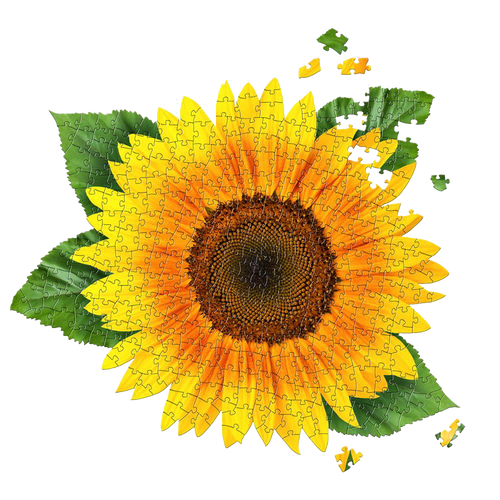 Completed sunflower-shaped jigsaw puzzle with vibrant yellow petals and green leaves, handcrafted from premium chipboard, featured in Toys, Books & Games and Best Sellers collections.