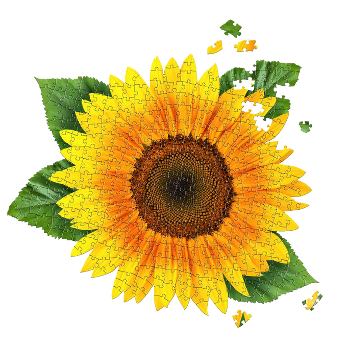 Completed sunflower-shaped jigsaw puzzle with vibrant yellow petals and green leaves, handcrafted from premium chipboard, featured in Toys, Books & Games and Best Sellers collections.