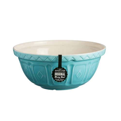 Turquoise earthenware mixing bowl with decorative embossed pattern and cream interior, handcrafted for Kitchen & Food, Cookware, Baking Supplies, and Best Sellers collections.