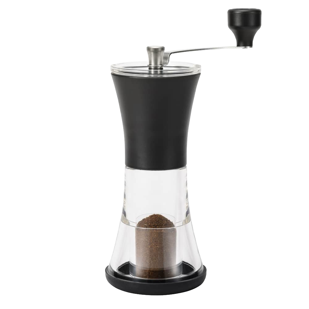 Slim, portable coffee grinder with adjustable ceramic mechanism and clear container holding freshly ground coffee, ideal for Kitchen & Food, Brewing Coffee and Tea, and Best Sellers collections.