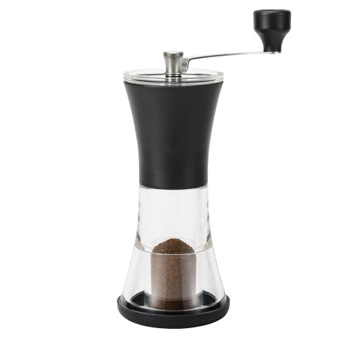Slim, portable coffee grinder with adjustable ceramic mechanism and clear container holding freshly ground coffee, ideal for Kitchen & Food, Brewing Coffee and Tea, and Best Sellers collections.