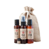 Handcrafted relaxation set featuring lavender lotion, body wash, mist spray, and essential oil in amber bottles with vintage labels, packaged in a rustic drawstring burlap bag, ideal for Health & Wellness, Grooming, Soaps, USA Made, and Best Sellers collections.