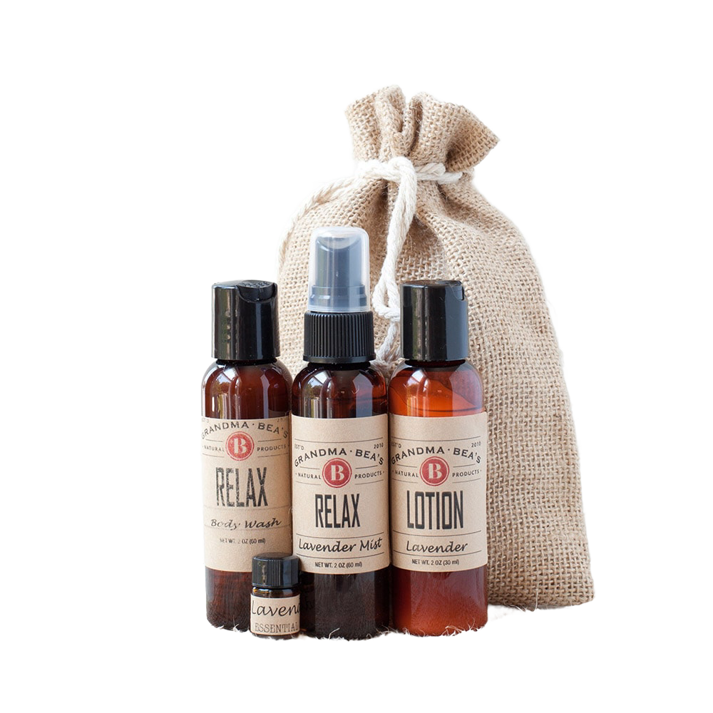 Handcrafted relaxation set featuring lavender lotion, body wash, mist spray, and essential oil in amber bottles with vintage labels, packaged in a rustic drawstring burlap bag, ideal for Health & Wellness, Grooming, Soaps, USA Made, and Best Sellers collections.
