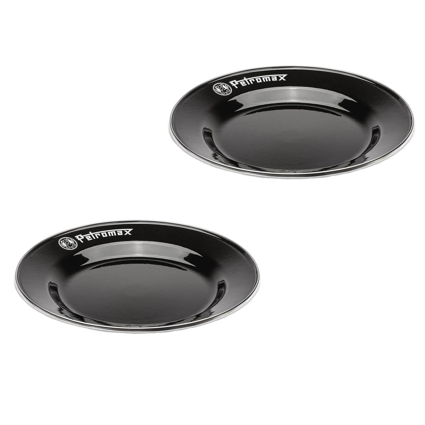 Pair of sturdy black enamel plates with white logo, lightweight and heat-resistant, designed for Farm, Garden & Tool, Kitchen & Food, Camping, Dinnerware, Best Sellers, and Promo Eligible collections.
