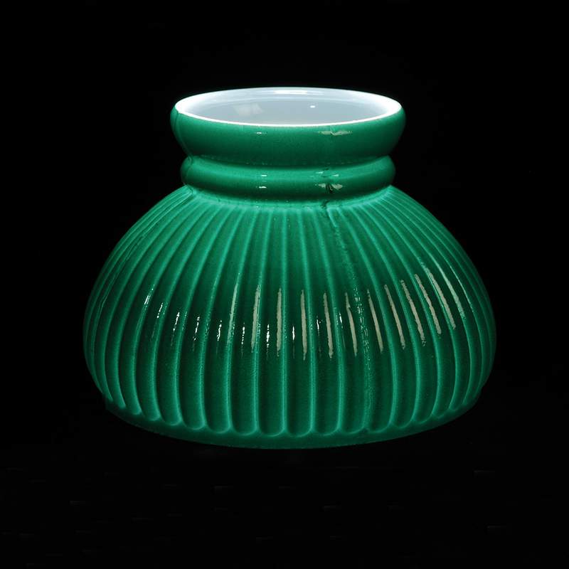 Handcrafted American-made green ribbed opal glass lamp shade with a sprayed dark green top, designed for oil lamps, perfect for Lamps & Lighting, Parts and Accessories, and Best Sellers.