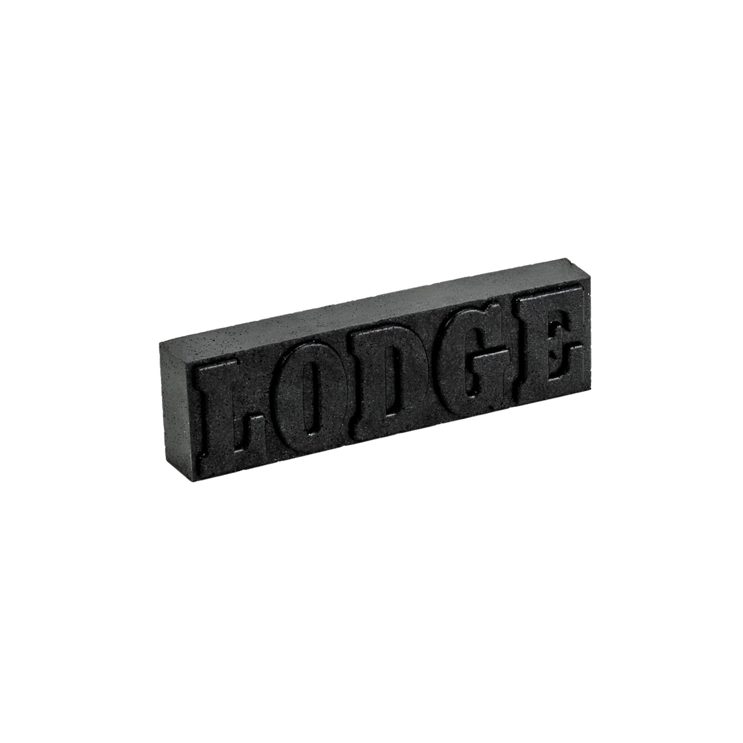Black rust eraser bar embossed with "LODGE," designed for restoring cast iron cookware, handcrafted in USA, featured in Kitchen & Food and Household Cleaning collections.