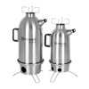 Pair of stainless steel fire kettles with sturdy handles and ventilation stands, designed for efficient outdoor boiling and heating; ideal for camping, emergency supplies, and farm tools collections.