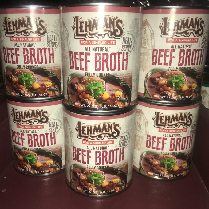 Six cans of Lehman's handcrafted all-natural fully cooked beef broth stacked on a shelf, featured for Farm, Garden & Tool, Kitchen & Food, Emergency Supplies, Food, Meats, Best Sellers, and Promo Eligible collections.