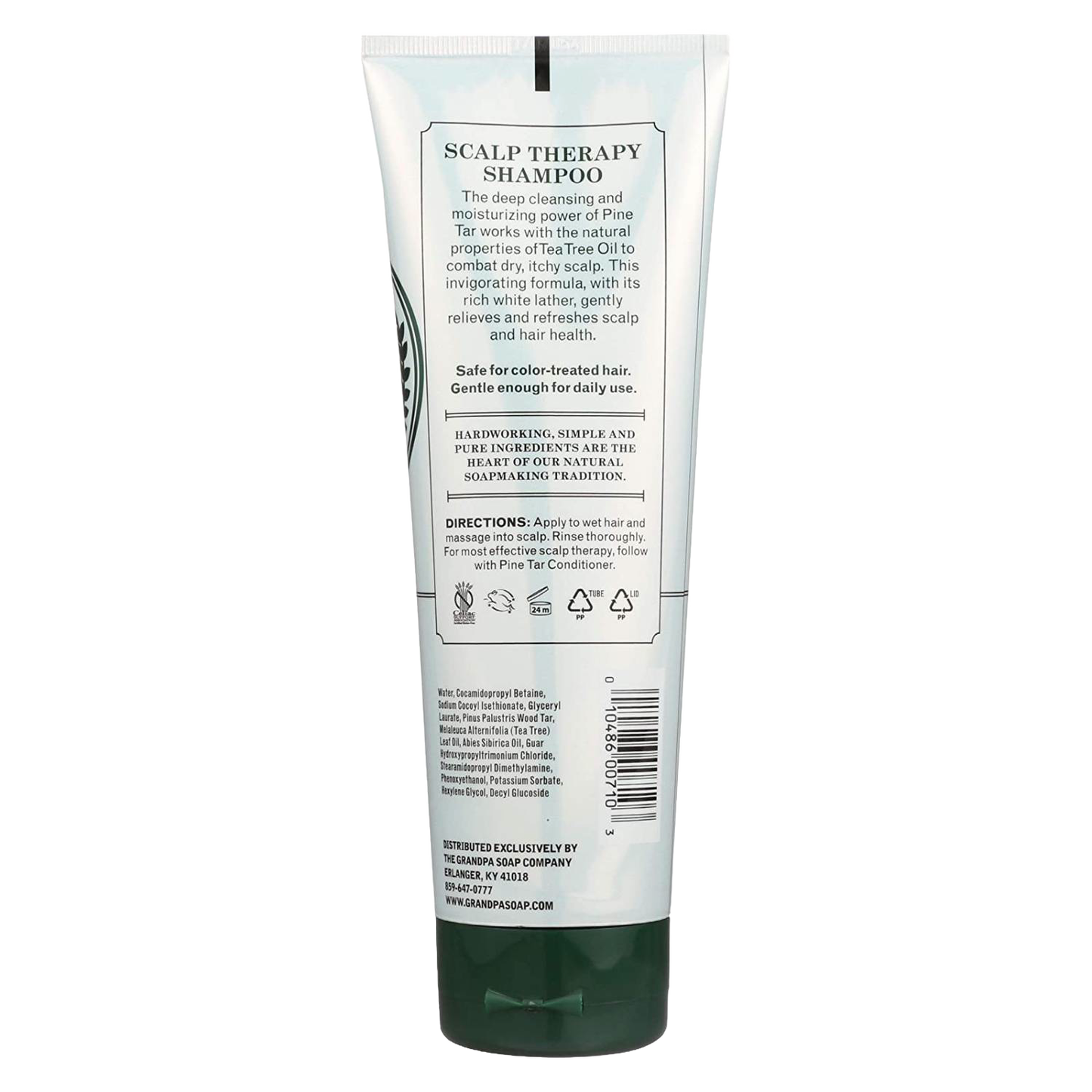 Handcrafted scalp therapy shampoo with pine tar and tea tree oil, designed to cleanse and soothe dry, itchy scalp, gentle for daily use and safe for color-treated hair, made in USA, featured in Health & Wellness and Grooming and Personal Hygiene collections.