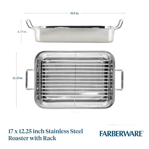 Stainless steel roasting pan with sturdy side handles and removable rack, designed for even cooking, featured in Kitchen & Food, Cookware, Pots and Pans, Best Sellers, and Promo Eligible collections.