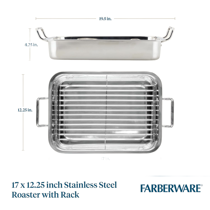 Stainless steel roasting pan with sturdy side handles and removable rack, designed for even cooking, featured in Kitchen & Food, Cookware, Pots and Pans, Best Sellers, and Promo Eligible collections.
