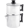 Handcrafted stainless steel drip coffee maker with black handles and lid knob, designed for off-grid brewing, featured in Farm, Garden & Tool, Kitchen & Food, and Homesteading collections.