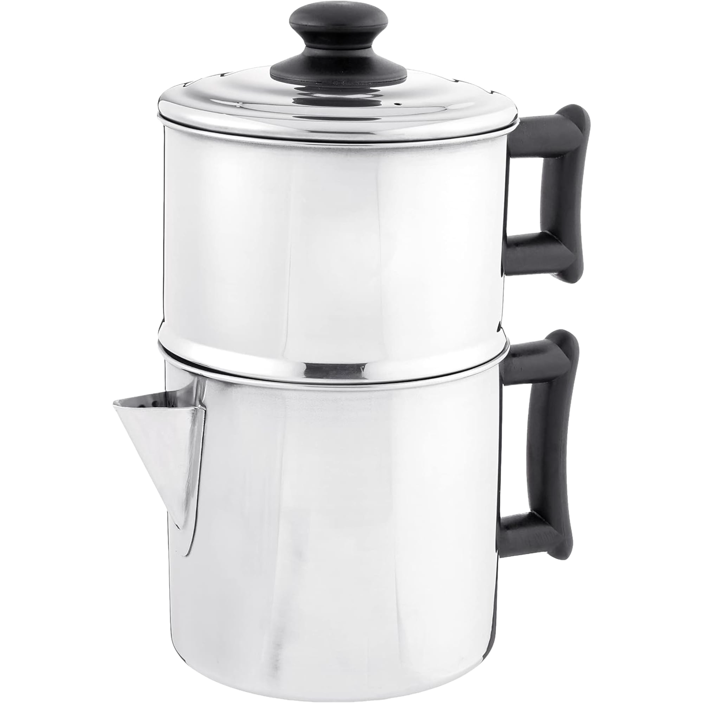 Handcrafted stainless steel drip coffee maker with black handles and lid knob, designed for off-grid brewing, featured in Farm, Garden & Tool, Kitchen & Food, and Homesteading collections.