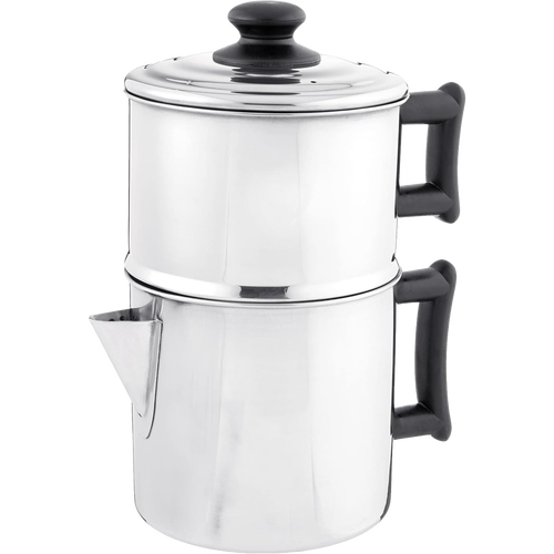 Handcrafted stainless steel drip coffee maker with black handles and lid knob, designed for off-grid brewing, featured in Farm, Garden & Tool, Kitchen & Food, and Homesteading collections.