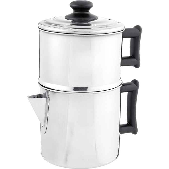 Handcrafted stainless steel drip coffee maker with black handles and lid knob, designed for off-grid brewing, featured in Farm, Garden & Tool, Kitchen & Food, and Homesteading collections.