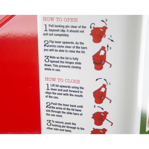 Close-up of instructional label detailing step-by-step opening and closing procedures for a red steel fuel container, designed for farm, garden, emergency, and best seller collections.