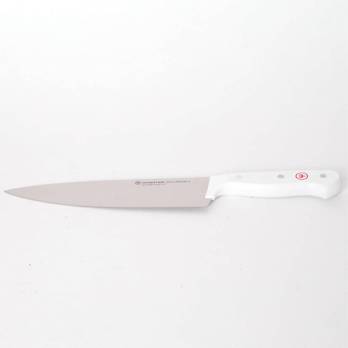 Sleek stainless steel kitchen knife with a sharp blade and ergonomic white handle, crafted for precise food preparation, ideal for Kitchen & Food and Food Prep collections.