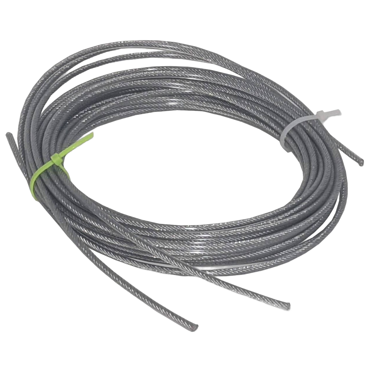 Coiled 19-strand galvanized wire cable with silver vinyl coating, designed for durable, stretch-resistant use in Home & Decor, Laundry Supplies, and Clothesline Accessories collections.