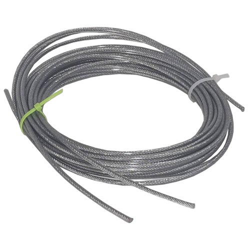 Coiled 19-strand galvanized wire cable with silver vinyl coating, designed for durable, stretch-resistant use in Home & Decor, Laundry Supplies, and Clothesline Accessories collections.