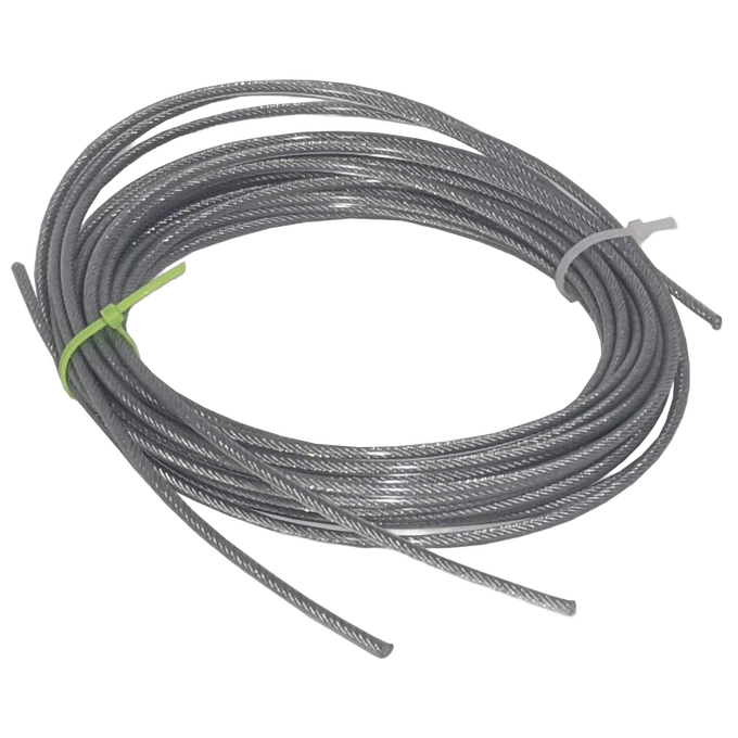 Coiled 19-strand galvanized wire cable with silver vinyl coating, designed for durable, stretch-resistant use in Home & Decor, Laundry Supplies, and Clothesline Accessories collections.