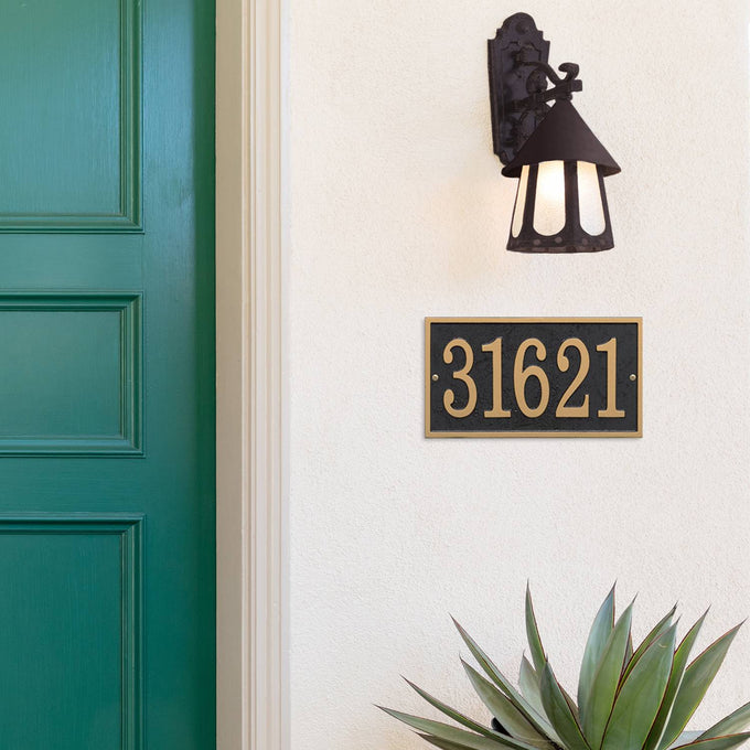 Handcrafted black and gold rectangular address plaque showcasing bold numbers, made in USA, enhancing curb appeal for Home & Decor, Household Helpers, and Mailboxes and Address Signs collections.