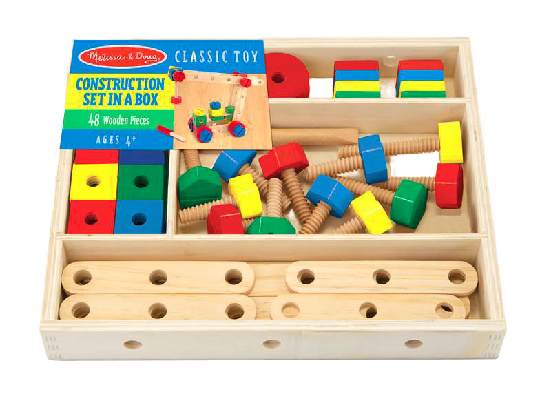 Wooden construction set in a neatly organized box featuring colorful nuts, bolts, and connecting bars designed to develop fine motor skills and hand-eye coordination, ideal for indoor play and children's toys collections.