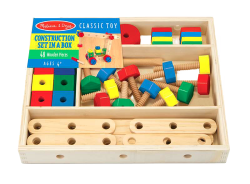 Wooden construction set in a neatly organized box featuring colorful nuts, bolts, and connecting bars designed to develop fine motor skills and hand-eye coordination, ideal for indoor play and children's toys collections.